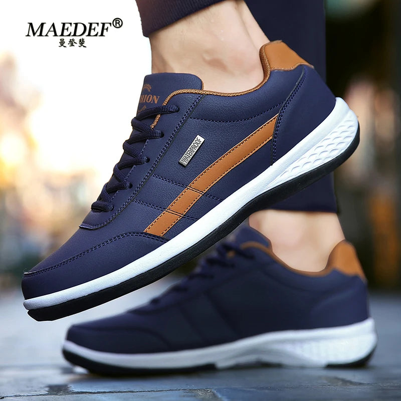 MAEDEF Men’s Leather Sneakers – Waterproof Casual Lace-Up Shoes